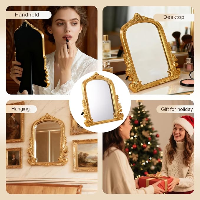 YUSONG Vintage Desk Mirror – 12" Gold Antique Tabletop Mirror with Resin Frame, Decorative Wall Art for Living Room Bedroom Vanity Desk Decor, Birthday Gift