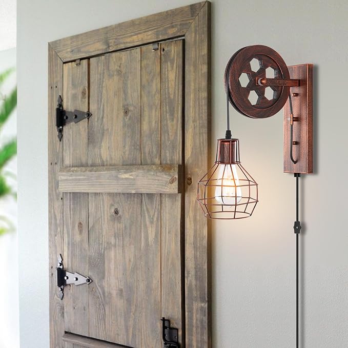 Plug in Wall Sconce Rustic Wall Light Lift Pulley Matte Iron Cage Shade Industrial Mid Century Wall Lamp Indoor Lighting Barn Restaurant Wine Cellar(Rust Color)