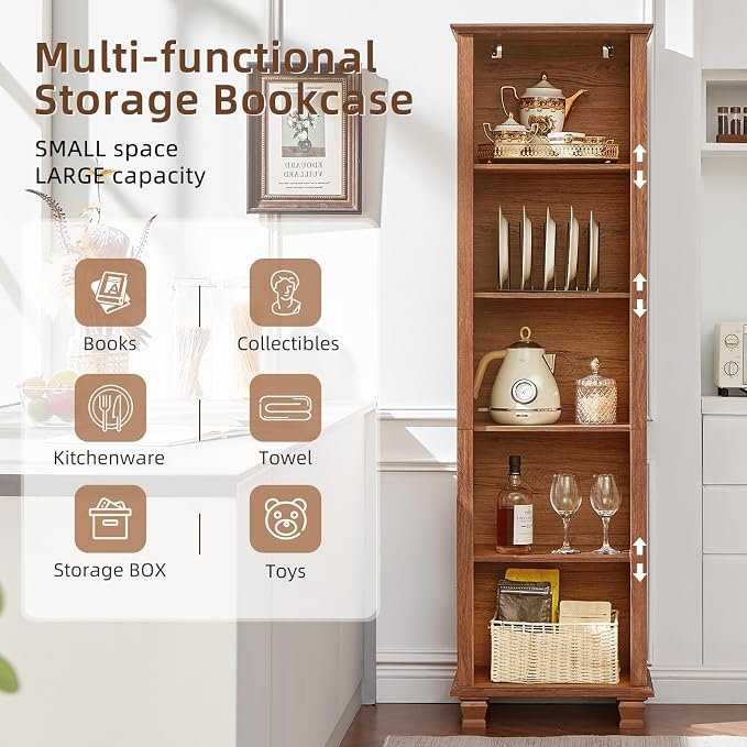 SAVOR LIFE 70" Tall Narrow Book Shelf, Wood Skinny Bookshelf with Adjustable Shelves & Wooden Legs, Farmhouse Bookcase w/5-Tier Storage, Free Standing Bookshlves for Office, Living Room, Brown, 2PCS