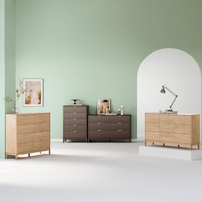 LINSY Fluted 8 Drawer Dresser for Bedroom, 47" Wide Mid-Century Modern Tall Chest of Drawers, Deep Storage Dresser with Curved Corner Design, Large Accent Wood Cabinet for Bedroom, Walnut