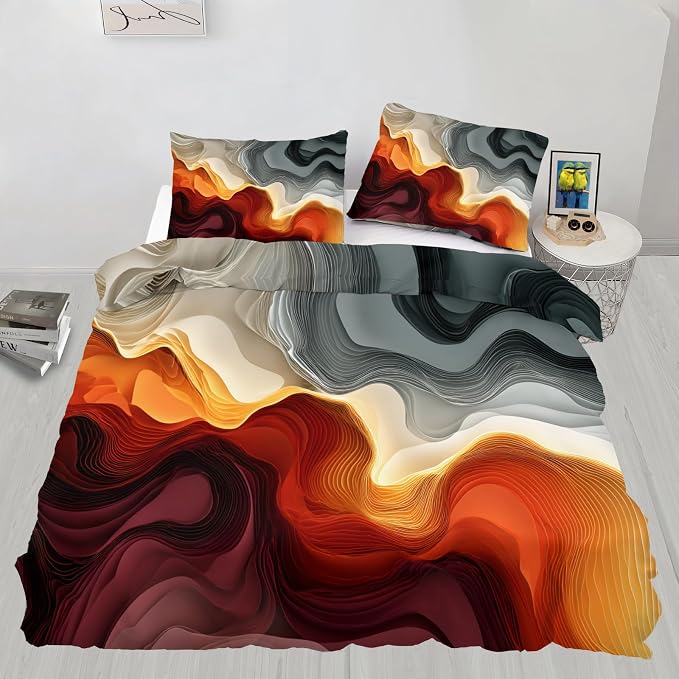 Modern Abstract Duvet Cover California King, Orange Abstract Line Art Bedding Set 3 Piece, Colorful Patterned Comforter Cover with Zipper Soft Microfiber, 2 Pillowcases