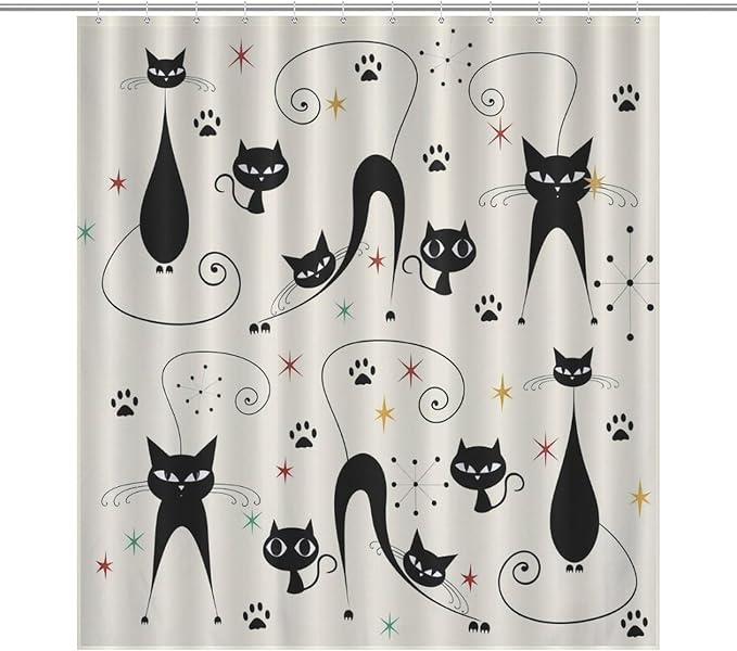 Mid Century Modern Shower Curtain,Retro Atomic Cat Star Paw Print Retro Abstract Geometric 1960s Fabric Bathroom Decor Curtains with Hooks 66x72in（168x183cm）