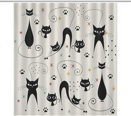 Mid Century Modern Shower Curtain,Retro Atomic Cat Star Paw Print Retro Abstract Geometric 1960s Fabric Bathroom Decor Curtains with Hooks 66x72in（168x183cm）
