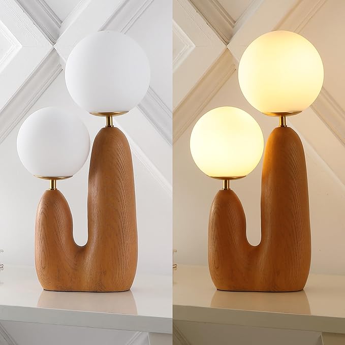 JONATHAN Y JYL4065A Oda 17.75" 2-Light Modern Bohemian Resin/Iron/Frosted Glass Danish Cactus LED Table Lamp, Brown Wood Finish, for Living Room, Office, Bedroom