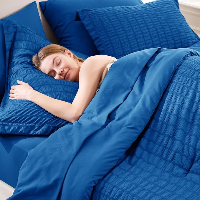 CozyLux Full Size Comforter Sets Classic Blue, 7 Pieces Seersucker Textured Luxury Bed in a Bag, All Seasons Soft Bedding Sets with Down Alternative Comforter, Sheets, Pillowcases & Shams, Home Gift