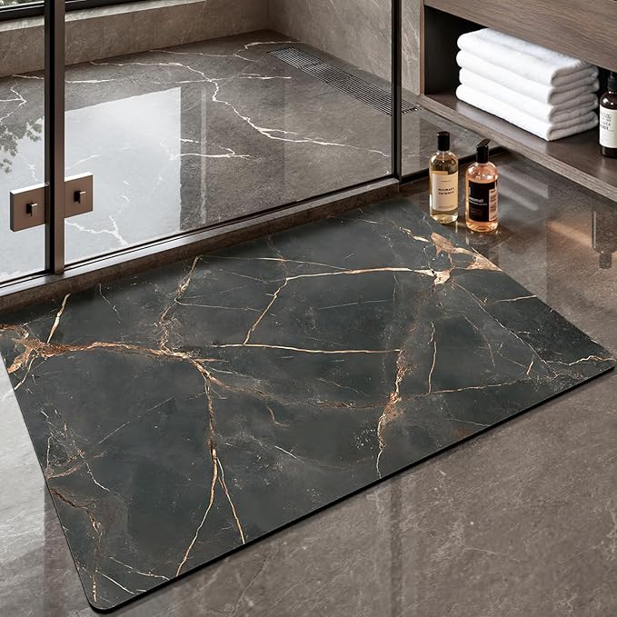 Color&Geometry Ultra Thin Bath Mat, Non Slip Quick Dry Rugs,Absorbent Marble Bathmat,24"x36",Washable Rubber Mats for Shower Floor,in Front of Bathtub,Bathroom Decor,Gold-Veined Marble-Patterned