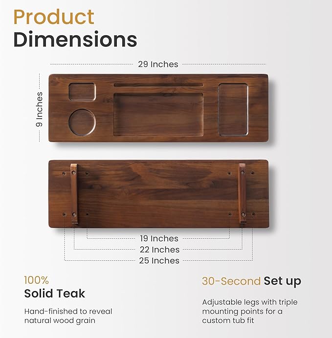 Teak Bathtub Tray Caddy - 29" Wide Adjustable Bathtub Table for Freestanding Tubs, Non-Slip Design with Phone/Wine Holder, Brown Bath Spa Essentials