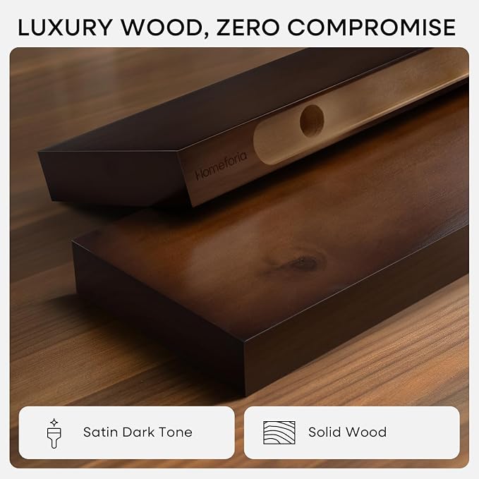 Homeforia Walnut Floating Bathroom Shelves, High End Solid Real Wood 16 inch Small Floating Shelf for Wall Mounted, Dark Brown 16inch Floating Shelves, Heavy Duty Bracket, 16 X 6.5 X 1.75 in, Set of 4