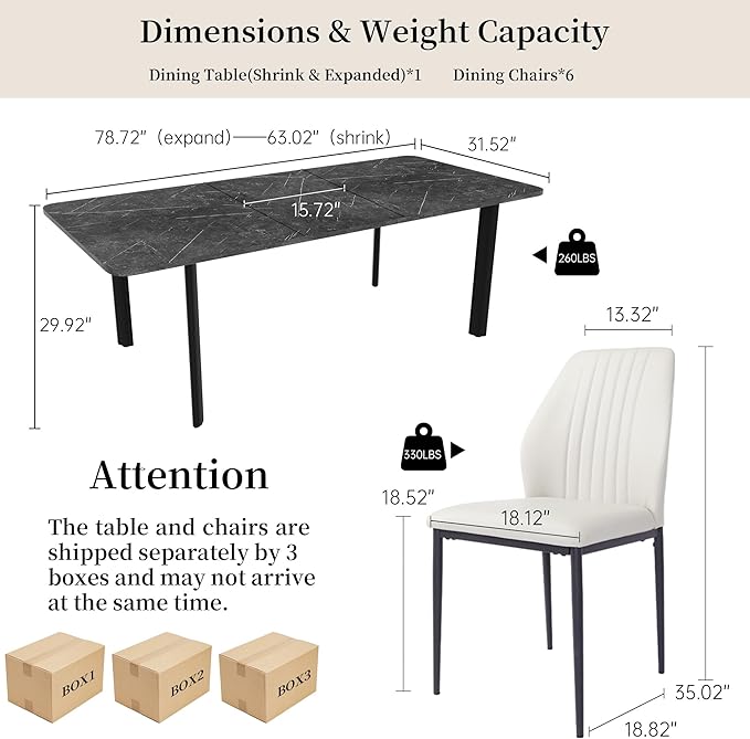 Extendable Dining Table Set for 6-8 People, 63 to 78.7 Inch MDF Kitchen Table with 6 Faux Leather Dining Chairs, Space-Saving for Dining Room, Breakfast Nook (Dark Grey Table & 6 White Chairs)