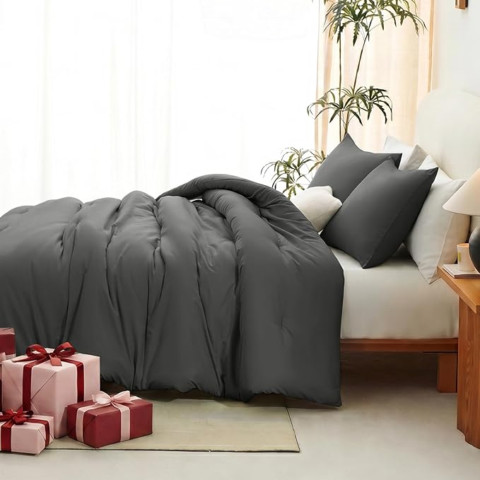 CozyLux California King Comforter Set Dark Grey, 3 Pieces Cal King Lightweight Down Alternative Quilted Bedding Sets, Dark Gray All Season Solid Comforter with 2 Pillowcases, Bed Set Gift for Home