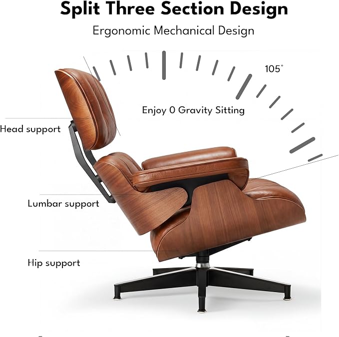Top Grain Leather, Mid Century Chaise Lounge Chair and Ottoman, Reading Chair, Leather Accent Chair, Modern Chair, Classic Design, Heavy Duty Base Support for Living Room Lounge Office, Walnut-Brown