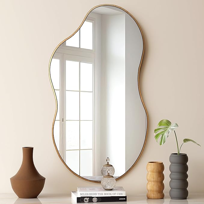 SHYFOY Large Irregular Wall Mirror Decorative, 22"x43" Antique-Gold Mirror for Wall Decor Wavy Accent Mirrors Asymmetrical for Living Room Bathroom Bedroom Entryway