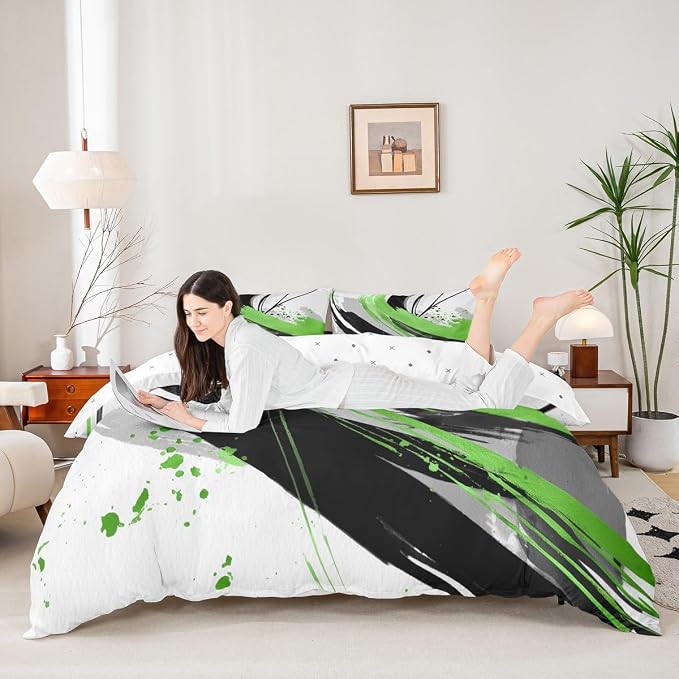 Erosebridal Black and Green Kids Bedding | Modern Geometric Striped Duvet Cover for Boys Girls Boho Contemporary Watercolor Graffiti Bed Set Minimalist Aesthetic Art Bed Cover King 3Pcs