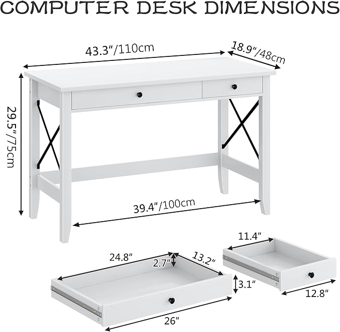 JSB 43.3'' White Computer Desk for Home Office,Farmhouse Executive Desk with 2 File Drawers,Study Writing Table Storage Cabinet,Makeup Vanity Desk for Bedroom (White, 43.3in)