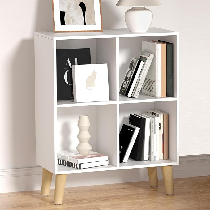 4 Cube Storage Organizer with Legs, 2 Tier Cube Low Bookcase Freestanding Storage Display Organizer for Home Office, Four-Cubes Open Shelf Short Bookshelf (White, 4 Cube)