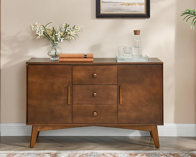 LKTART 47.3" Mid Century Modern Sideboard Buffet Cabinet with Solid Wood Frame&Legs,Accent Storage Cabinet with 2 Doors and 3 Drawers for Kitchen,Entryway,Walnut
