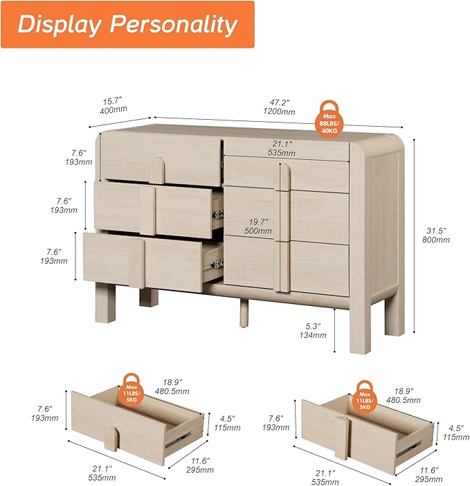 WAMPAT 47.2" W Buffet Cabinet with 6 Drawers, Modern Sideboard Buffet Cabinet with Storage, Buffet Table Coffee Bar Wine Bar Storage Cabinet for Dining Room, Living Room, Hallway, Light Oak