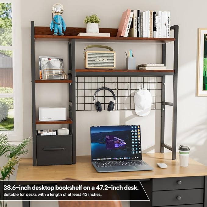 4- Tier Desk Shelf, Wooden Desktop Organizer Shelf with Grid Panels,Home Dormitory Office Computer Desk Bookshelf Storage Rack,Office Desk Bookshelf with a Woven Drawer,Black,38.6" Wide