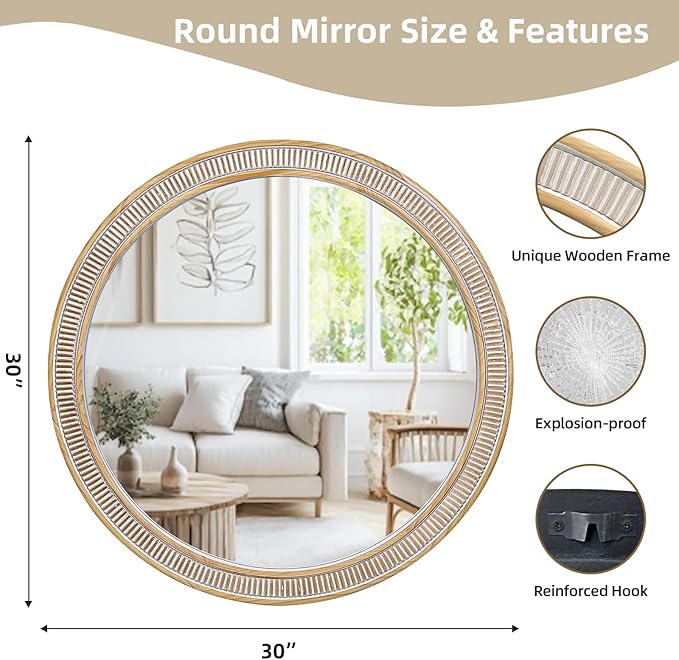 Round Wood Mirrors for Wall Decor, 30 Inch Rustic Farmhouse Circle Decorative Mirror for Bathroom, Living Room, Foyer, Entryway, Bedroom