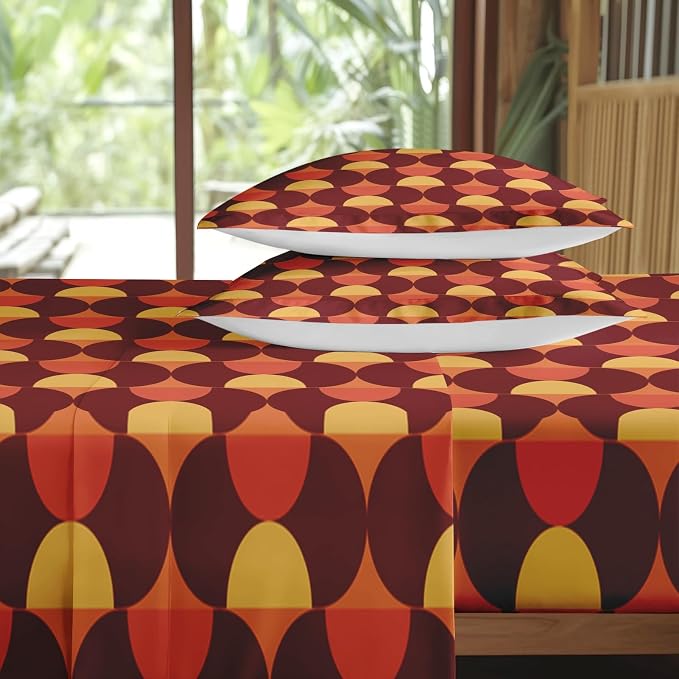 Pamnest Twin Size Bed Sheet Sets, 70S Vintage Mid Century Soft Microfiber 3 Pcs Bedding Sets for Kids and Adults Bedroom Bed Decor, Geometric Flower Retro Flat, Fitted Sheet and Pillowcases