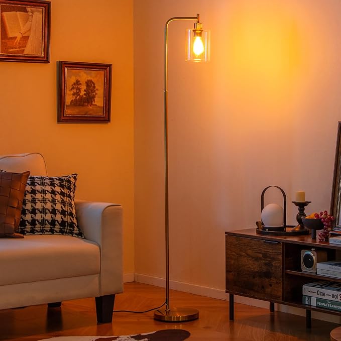 Tangkula Industrial Floor Lamp, Modern Standing Lamp with Hanging Glass Lampshade & Foot Switch, Tall Pole Light with E26 Standard Base for Living Room, Bedroom & Office (Gold, 1-Light)