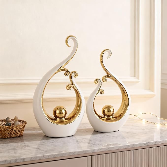 DOVDOV White and Gold Home Decor, Abstract Ceramic 2-Piece Sculpture Set, Modern mid-Century Art Statues, Perfect for Accent Tables, countertops, Coffee Tables, and entryway Decor.
