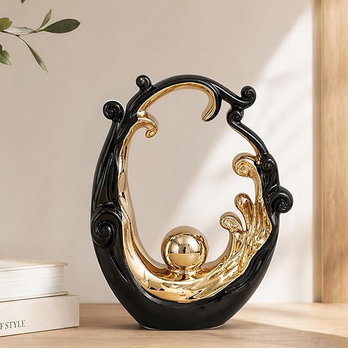 Abstract Ceramic Sculpture, Black and Gold Modern Tabletop Statue Wave-Inspired, for Home Decor, Decorative Accent for Shelf, Mantel, Coffee Table, Console or Entryway
