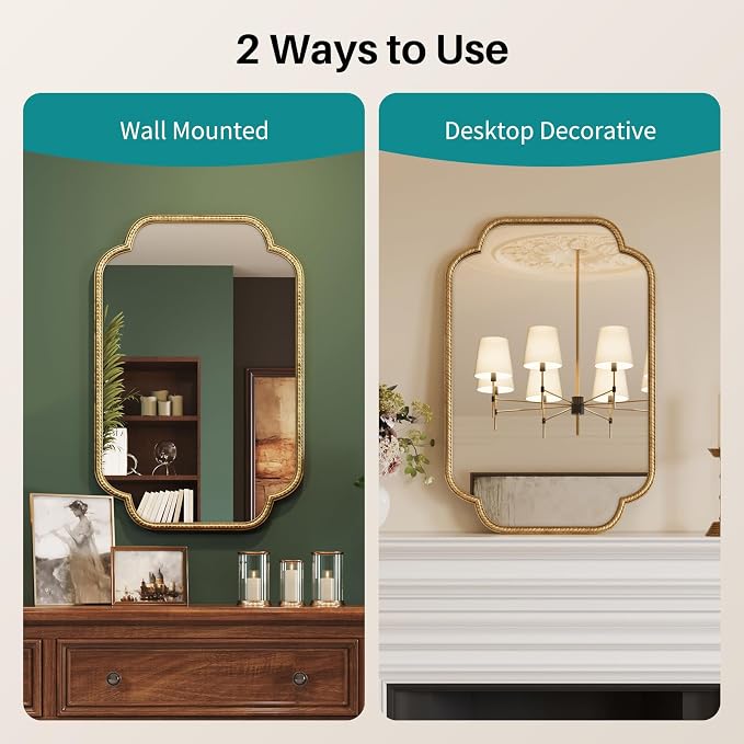 Vintage Gold Wall Decor Mirror - 24"x36" Large Gold Antique Mirror with Rounded Corner Rope-Like Frame, Wall Decorative Mirrors Accent for Living Room, Bedroom, Fireplace, Bathroom
