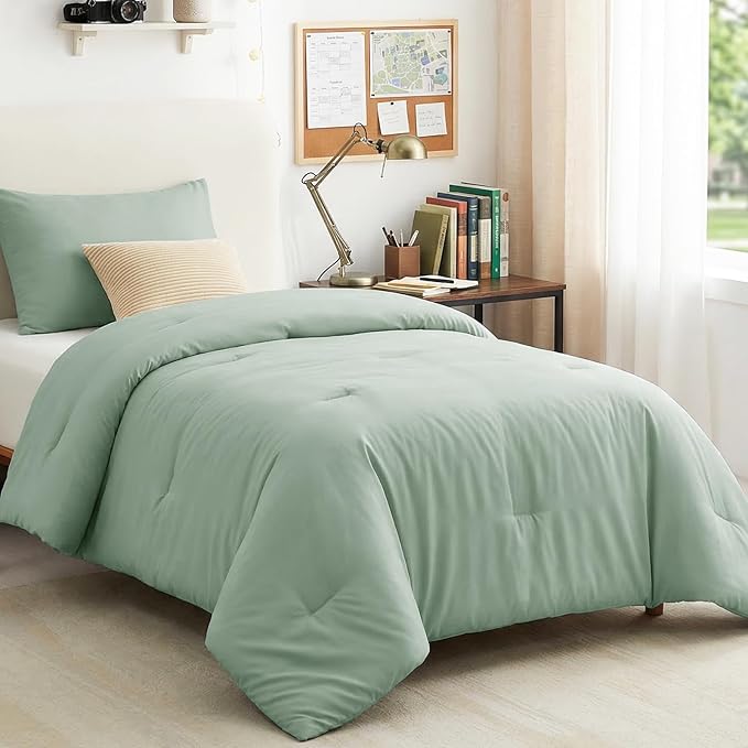 CozyLux Twin Comforter Set College Dorm Essentials, 2 Pieces Sage Green Twin Extra Long Solid Bedding Set, Twin XL Bed Set with Down Alternative Comforter and 1 Pillowcase, Back to School Room Gift