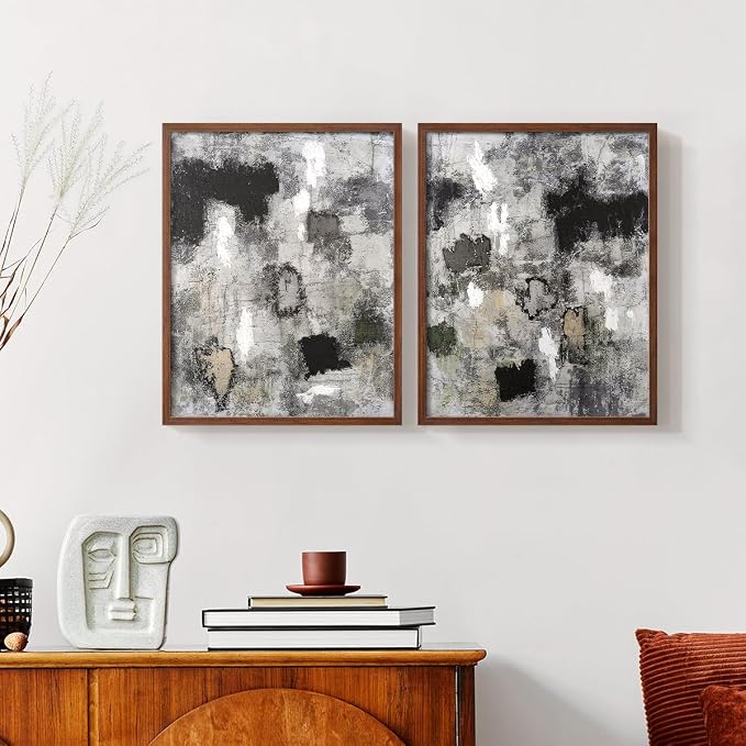 Renditions Gallery Set of 2 Peel & Stick Framed Prints, Abstract Wall Art, Hand Painted Black and White Pattern Wall Decor, Re-Stickable - Ready to Hang - 11"x14" - Walnut Frame LT588