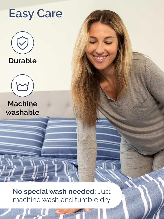 Extra Deep Split King Sheet Set - 7 Piece Breathable and Cooling Sheets - Hotel Luxury Bedding for Women, Men, Kids & Teens - Secure Fit - Soft and Wrinkle Free with Extra Deep Pockets - Blue Stripes