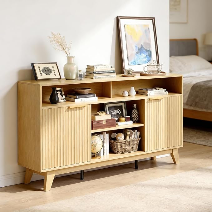 VINGLI Boho Fluted TV Stand for 70 Inch TV, Tall Wooden TV Console with Storage, Solid Wood Legs Entertainment Center with Shelves & Cable Management, Media Cabinet for Living Room or Bedroom, Oak