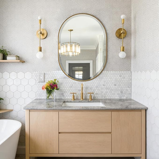 POZINO Oval Mirror Over Sink, Brushed Gold Beveled Bathroom Mirror, 22"x30" Vanity Wall Mirrors with Stainless Steel Frame, Brass Modern Rounded Mirrors for Bedroom Living Room Entryway