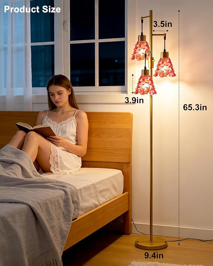 3-Light Modern Glass Floor Lamp, Gold Standing Tall Lamp with Deep Red Pinecone Glass Shade, Dimmable LED Floor Lamp with 5Lbs Heavy Base for Living Room Bedroom Home Decor, Bulb Included
