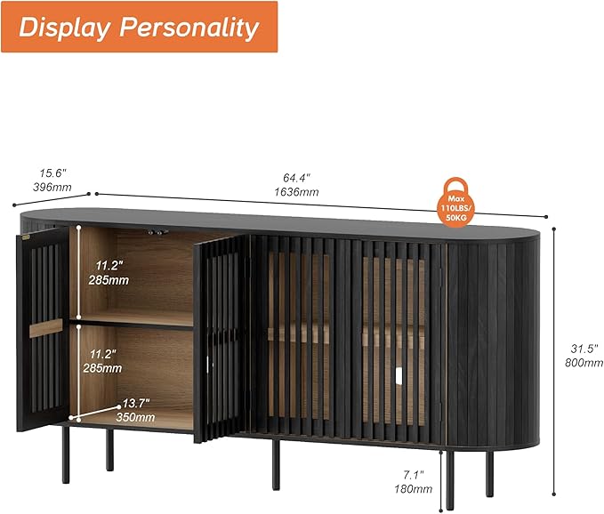 WAMPAT 66" Fluted Sideboard Buffet Cabinet, Wood Storage Cabinet with 4 Doors, Mid Century Modern Credenza for Dining Room, Living Room, Kitchen, Black