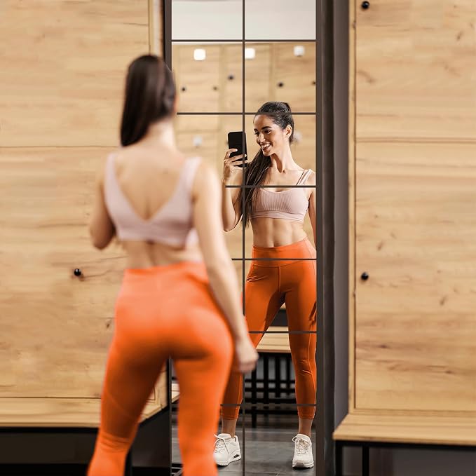 Delma Home Gym Mirrors, 12'' x 12'' Glass Mirror Tiles (16 PCS), Square Large Wall Mirror for Home Gym, Bedroom, Door,Bathroom, Frameless Mirror Sets