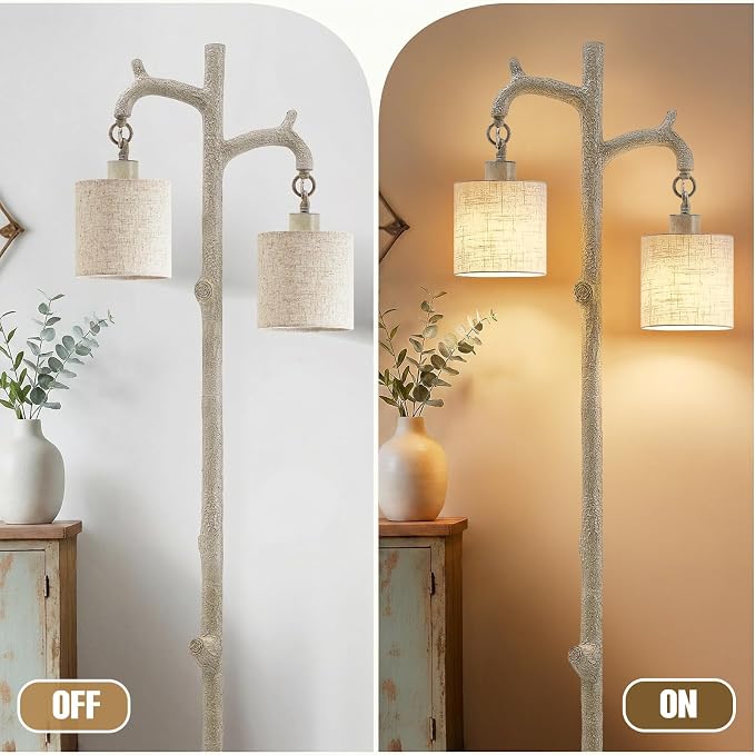 EJIAXIN Floor Lamp for Living Room - 69" Rustic Tree Trunk Standing Lamps - Country Resin Tall Lamp with 2 Reading Light - Farmhouse Floor Lamp for Bedroom Office Home Decor (Grayish White)