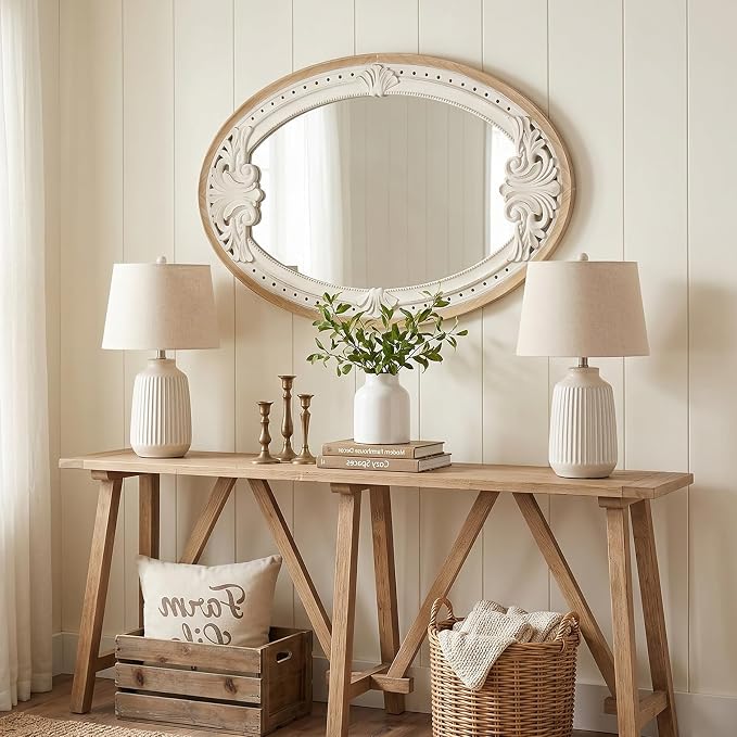 sawsile Oval Wood Mirror,Rustic 20x30 Inch Wooden Farmhouse Decorative Vanity Natural Mirrors for Bedroom, Bathroom, Living Room,or Entryway