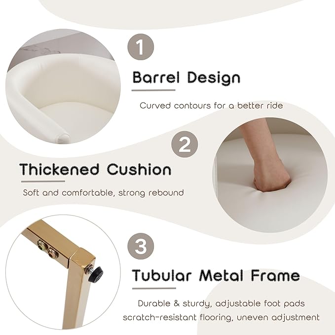 PU Leather Bar Stools, Modern Upholstered Counter Height Bar stools 24" Leather Barstools Barrel Kitchen Counter Island Stools with Golden Metal Base, White