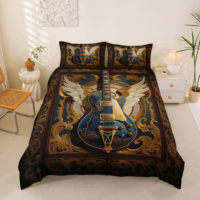 Erosebridal Guitar Bedding Set King for Men Adults - Retro Baroque Rock Style Duvet Cover Luxury Angel Wings Guitar Comforter Cover,Rock Roll Music Aesthetic Bed Set