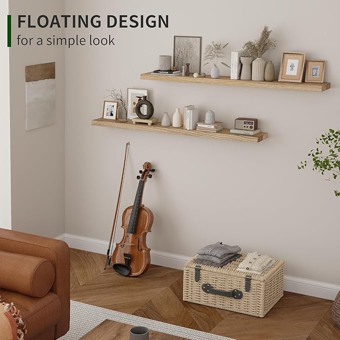 Marsmiles Wood Floating Shelves for Wall Set of 2, 48 Inch Wide Rustic Wooden Floating Shelves, Invisible Wall Mounted Display for Living Room Bedroom Kitchen Bathroom Office, Carbonized Black