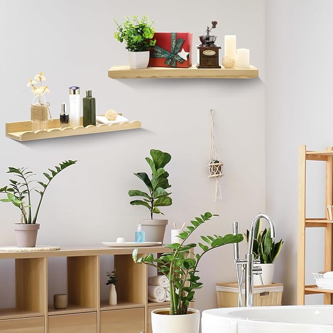 Suzile 2 Pcs Scalloped Shelves Wall Floating Shelves Set for Room, Bathroom, Bedroom, Cute Room Decor Aesthetic and Books, Toys, Photo Frames Storage(12",Natural)