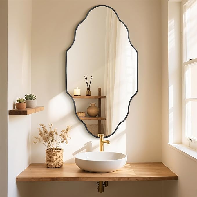 Black Scalloped Bathroom Mirror, Irregular Wall Mirror with Brushed Metal Frame, HD Glass Decorative Mirror for Wall Decor, Vanity Mirror for Bathroom, Bedroom & Entryway (20" x 36", 2 Pack)