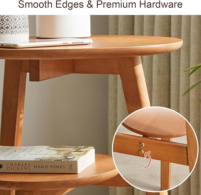 Side Table, Small Round End Table with 2-Tier Shelf, Solid Wood Nightstand for Small Spaces, Mid Century Modern Accent Table for Living Room Bedroom, Natural