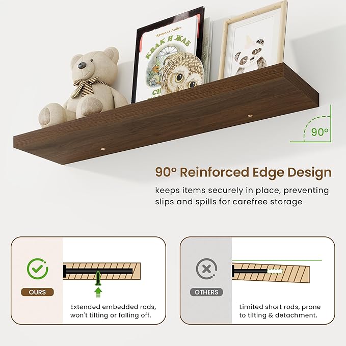 40in Floating Shelves for Wall, 40"W x 9.25"D x 1.25"H, 2 Pack Long Wall Mounted Engineered Wood Shelves with Invisible Brackets for Living Room, Bedroom, Bathroom, Kitchen Decor and Storage, Walnut