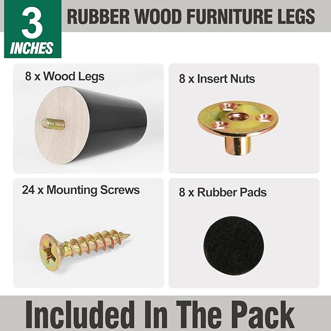 FoDau770 Black Rubber Wood Furniture Legs 3 Inches, Slant Tapered Wood Feet Mid Century Sofa Legs Set of 8, 5/16" UNC Furniture Feet Replacement Parts for Cabinet Couch Dresser Chair Ottoman Table