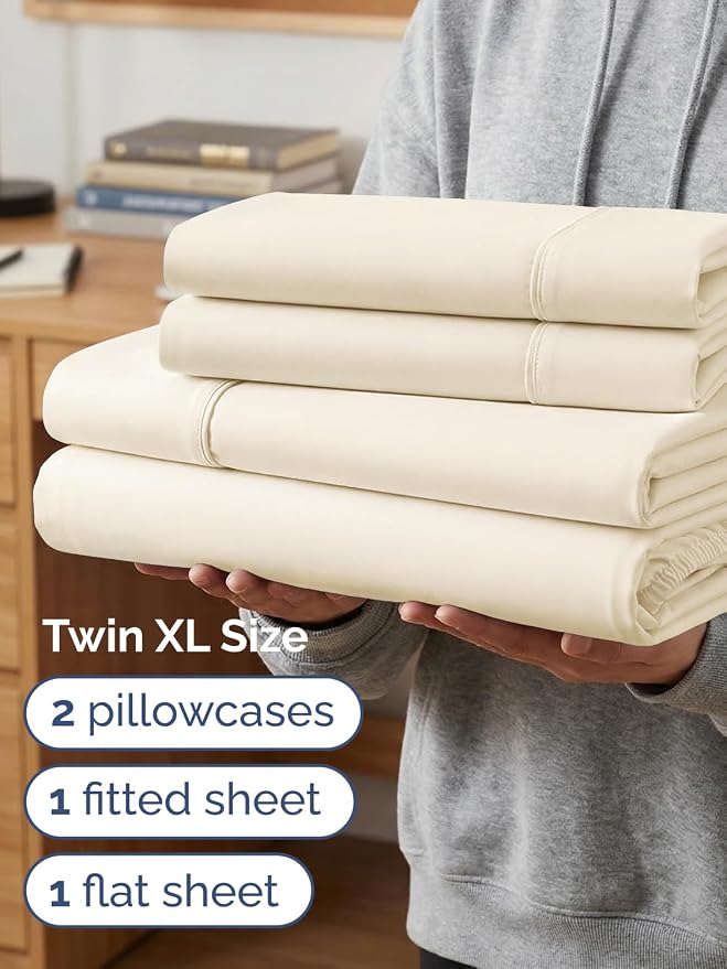Extra Deep Twin XL Sheet Set - 4 Piece College Dorm Bed Sheets Set with Extra Deep Pockets - Ultra-Soft, Comfy & Breathable Bedding for Women, Men, Kids & Teens - Wrinkle & Fade Resistant - Off White