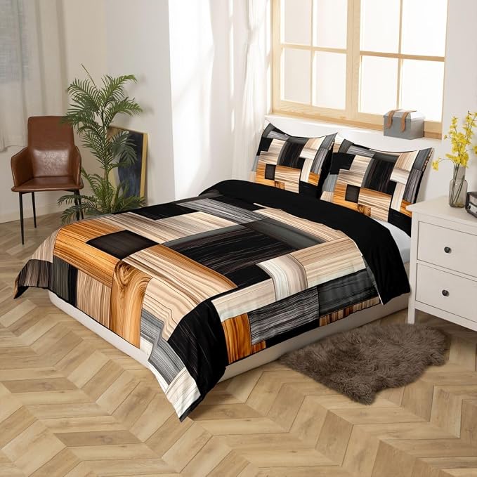 Erosebridal Wood Grain Comforter Cover Twin Splicing Plaid Grid Duvet Cover for Kids Teens Stylish Tartan Geometric Bedding Set Modern Orange Grey White Checkered Bed Set with Zipper