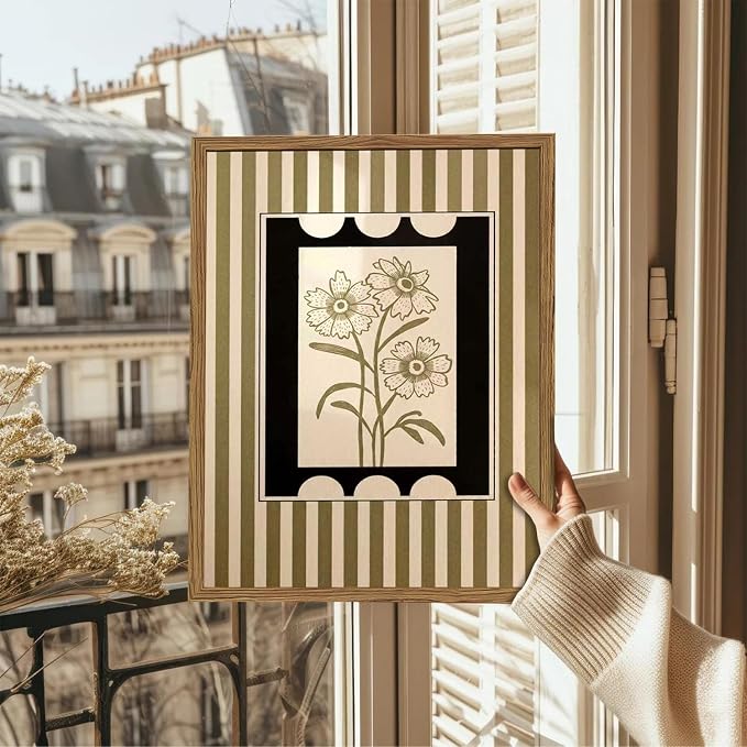Modern Boho Flower Wall Art Abstract Plant Floral Wall Decor Painting, Vintage Botanical Striped Poster Canvas Print Picture for Living Room Bedroom 12x16 inch Wood Framed