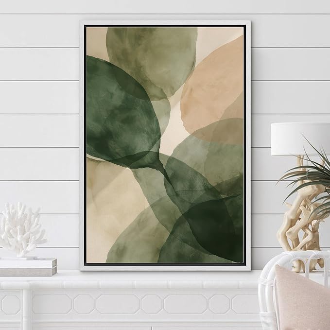 Woodrose Framed Canvas Print Wall Art Abstract Organic Shapes Soft Green and Beige Watercolor Illustrations Modern Art Minimalist 3D Colorful Ultra for Living Room, Bedroom, Office - 16"x24" WHITE